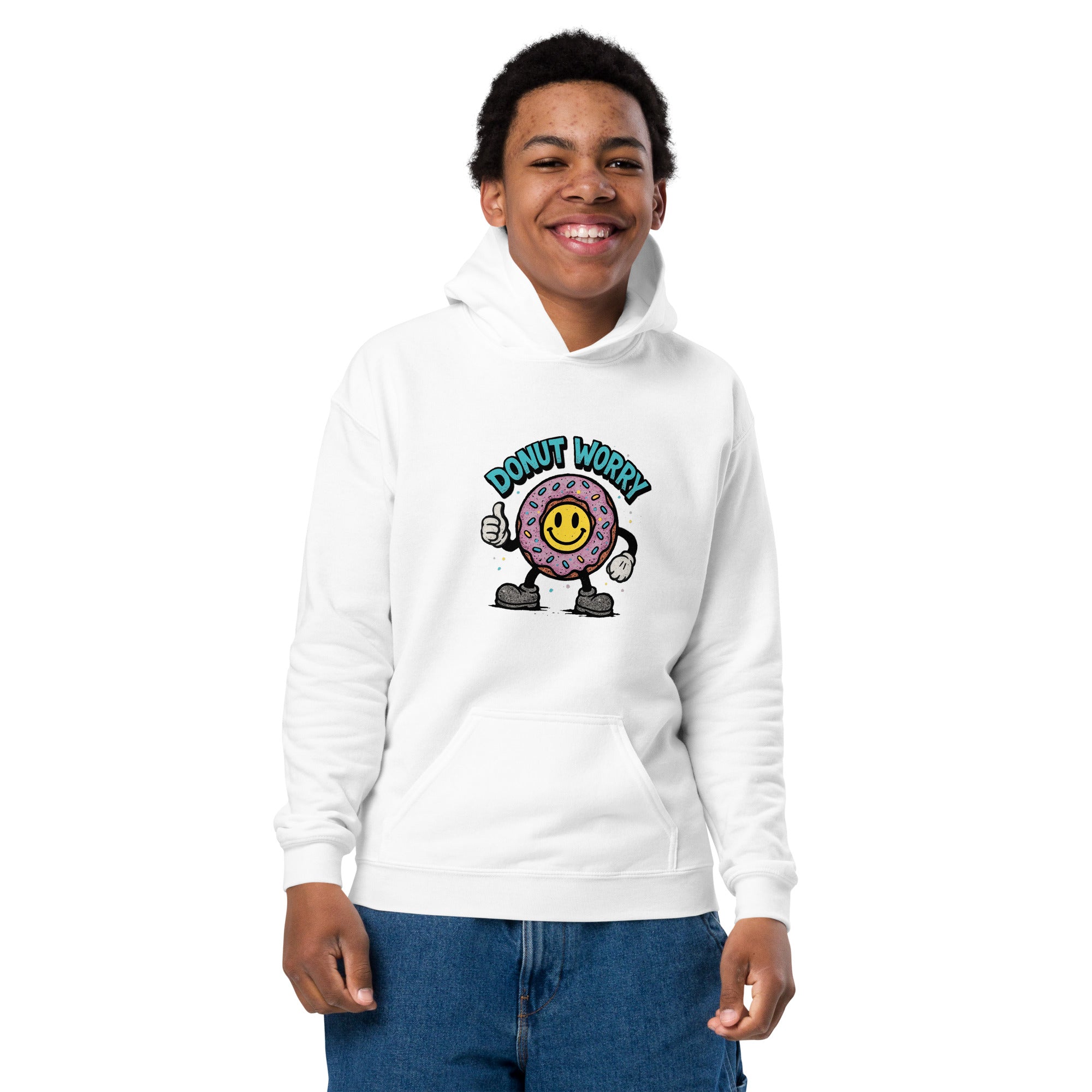 vantageu kids donut worry heavyweight hoodie front view white